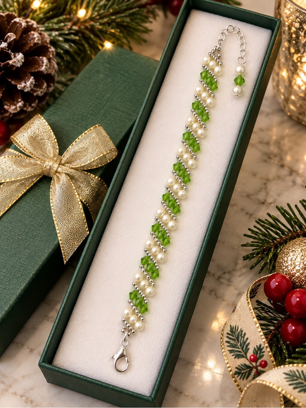 Hand Crafted Pearl & Green Crystal Holiday Bracelet